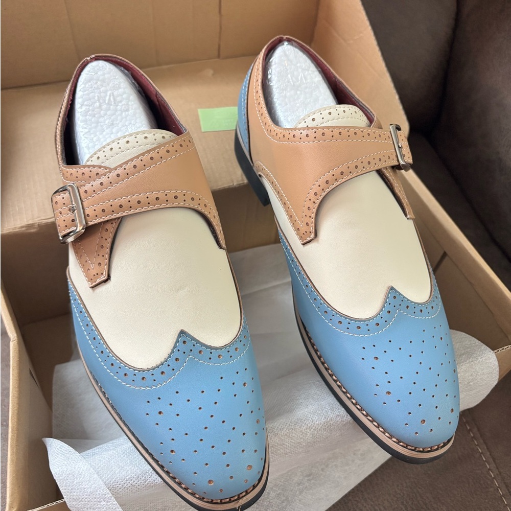 Men's Tri-Tone Leather Monk Strap Dress Shoes in Blue/Tan/Cream